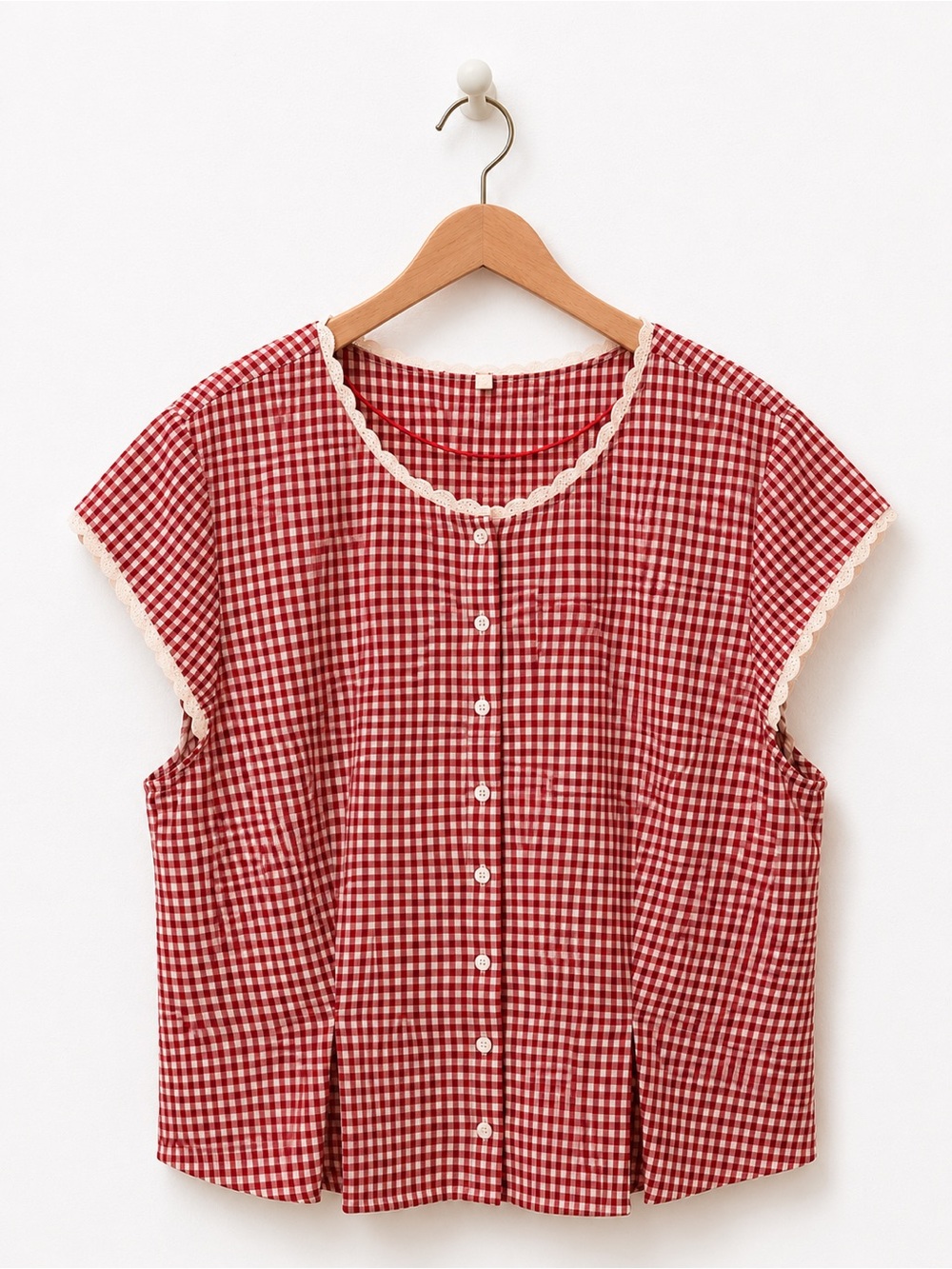 WAYF Aria Red Gingham Button-Up Crop Women’s Top with Lace Trim XL